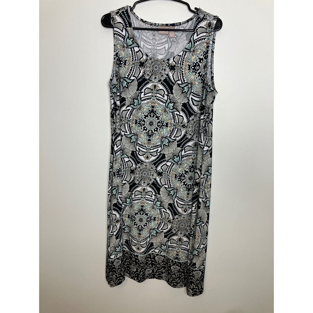 Chico's Shift Dress Womens 2 Large Black White Mint Excellent Medallion‎ Paisley